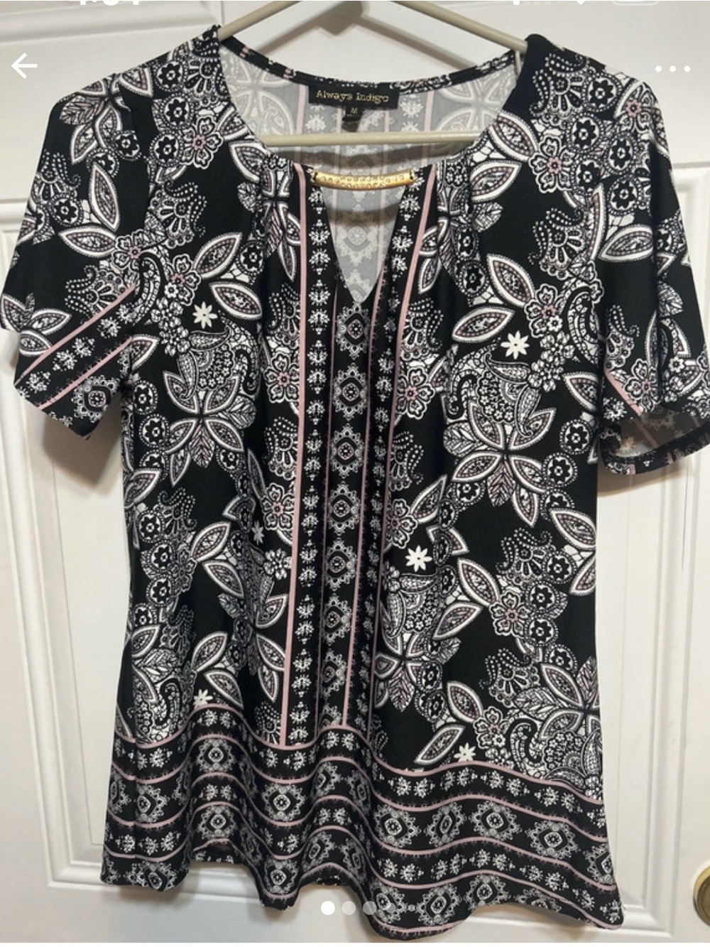 Always Indigo Black Floral-Paisley Short Sleeve Tunic with Pink Trim